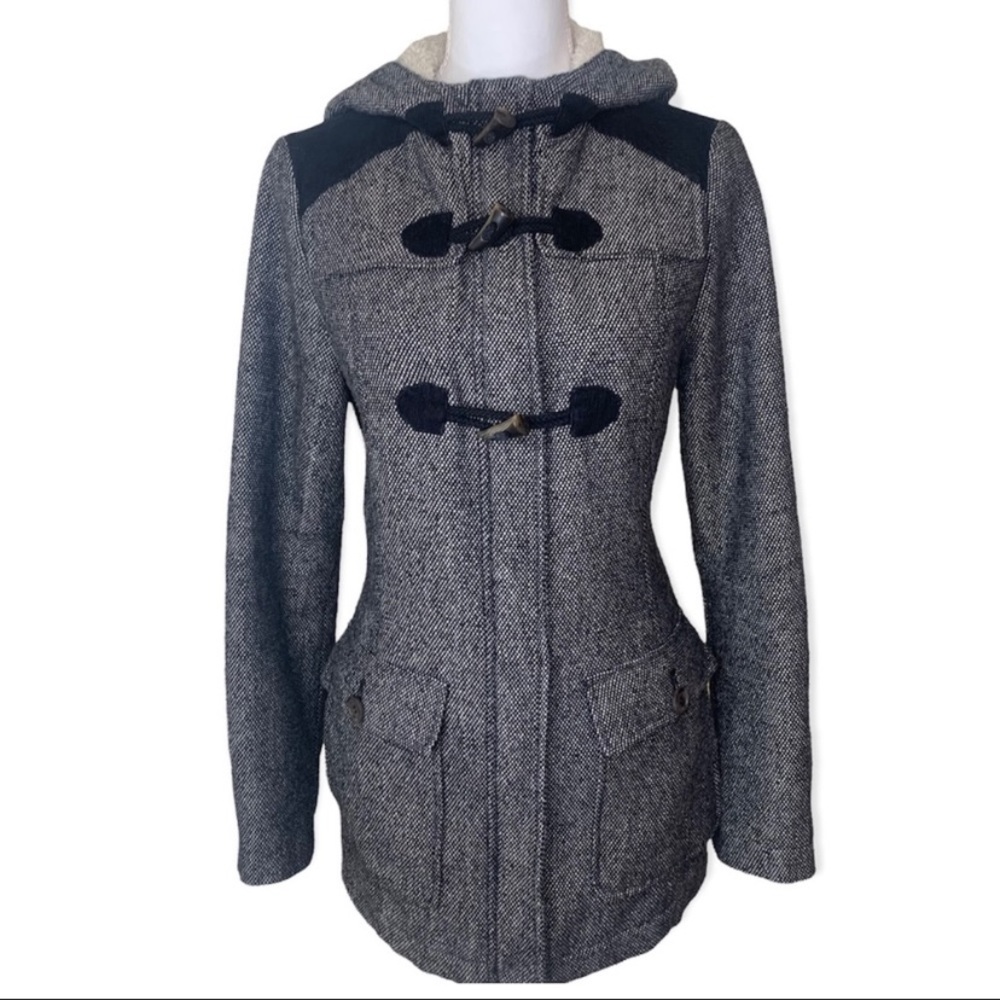 Prana Black & Tan Tweed Wool Blend Hooded Coat
